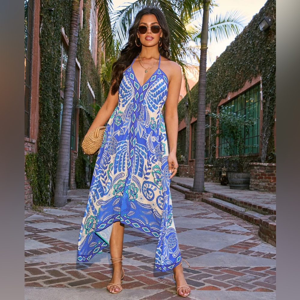 VICI Blue Print Halter Maxi Dress